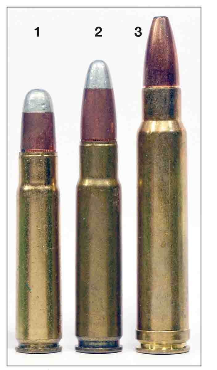 From left: (1) .35 Remington, (2) .358 Winchester and (3) .358 Norma Magnum. The .358 Norma can be loaded down to duplicate the performance of either of the two smaller cartridges.